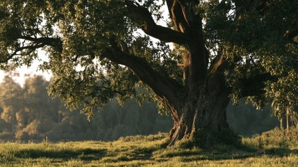 Fototapeta premium Majestic old tree with lush green leaves standing in peaceful natural setting at sunset casting beautiful shadows on the grass landscape