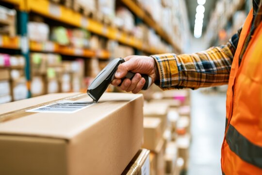 Warehouse worker scanning a carton with a barcode reader