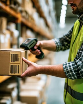 Warehouse worker scanning a carton with a barcode reader