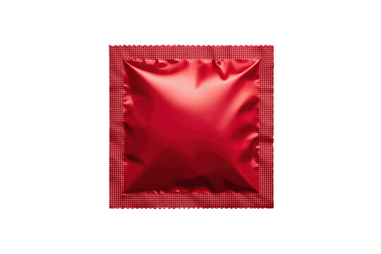 Red condom wrapper for safe sex and contraception, generic foil packet for protection on transparent background