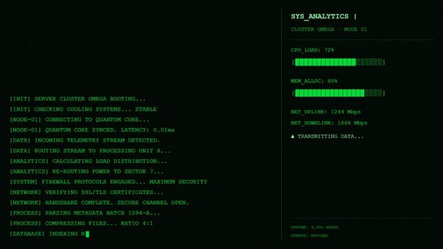 System Analytics Cluster Node Diagnostics Terminal Animation.