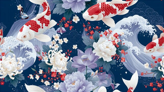 Watercolor seamless pattern with japanese koi fish and peonies japanese watercolor seamless oriental illustration background swimming traditional painterly botanical decorative repeating