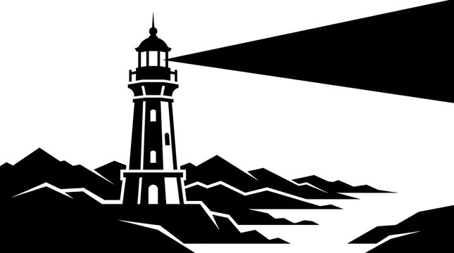 Dramatic lighthouse illustration with beam of light on rocky coastline