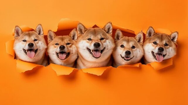 Happy Shiba Inu dogs peeking through torn orange paper with joyful expressions and tongues out