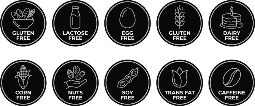 Food Allergen Free Certification Badge Icon Set for Packaging and Product Labeling Vector Collection
