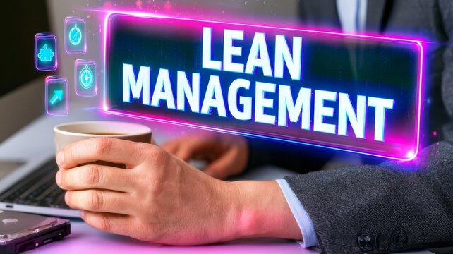 Professional businessman holding cup using digital lean management system concept graphic overlay.