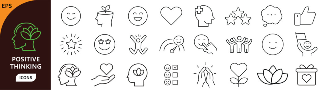 Positive Thinking icon set. Containing mindset, motivation, happiness, optimism, confidence, growth, inspiration, wellbeing, and more. Editable stroke. Vector illustration
