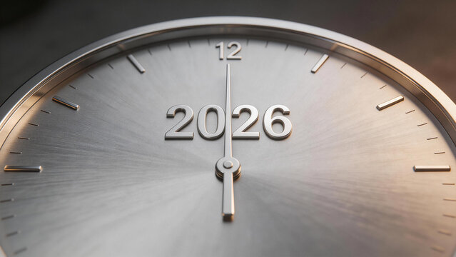 Metallic clock face with year 2026
