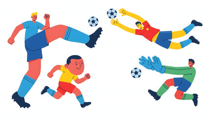 Obraz premium Collection of flat soccer players and goalkeepers in dynamic action during a football match