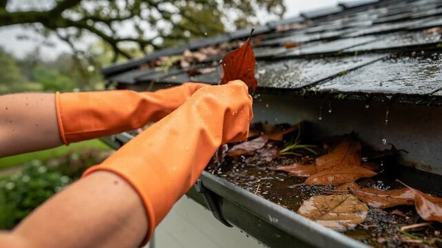 Hands wearing orange gloves cleaning wet autumn leaves from a house rain gutter outdoors