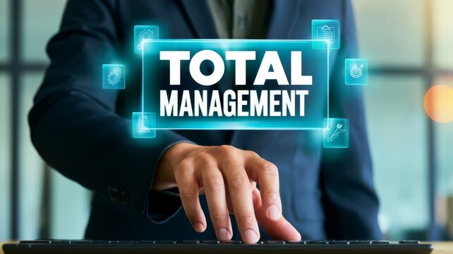 Business professional utilizing digital technology for total management strategy and corporate leadership efficiency solutions.