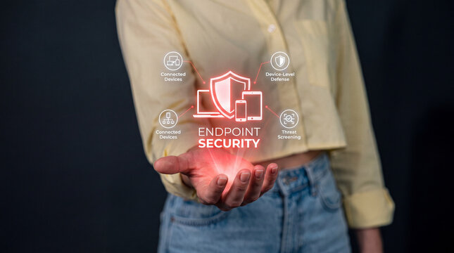 Woman Holding Endpoint Security Red Hologram Concept