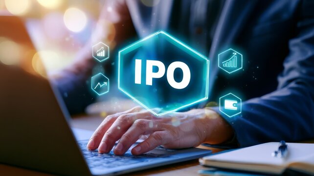 Professional business person analyzing ipo financial market data trends on laptop computer screen interface visualization.