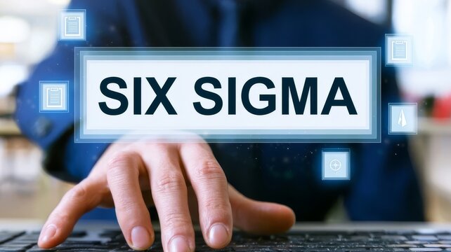 Business professional using digital interface for six sigma quality improvement process management methodology implementation.