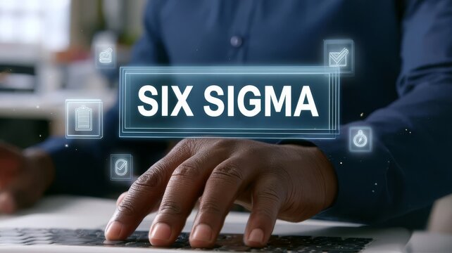 Business professional using digital interface for six sigma quality improvement process and data management concept.