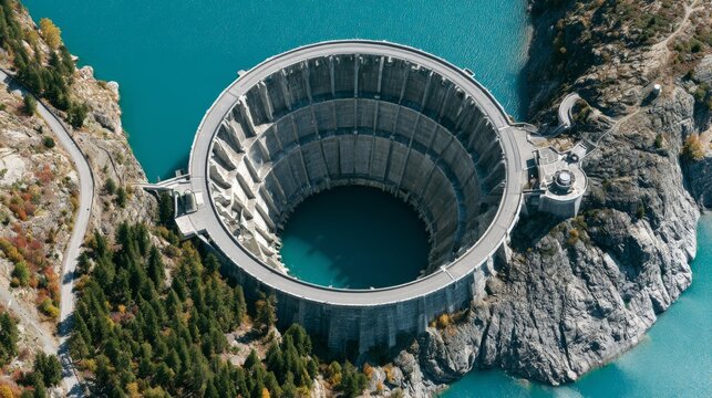 Aerial View of a Unique Hydro Power Dam Reservoir Surrounded by Scenic Mountain Landscape and Vibrant Blue Water Under Clear Sky