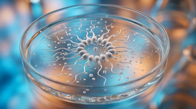 Dynamic microscopic illustration of male reproductive cells in a scientific petri dish, symbolizing fertility, biological research, and life's intricate beginnings