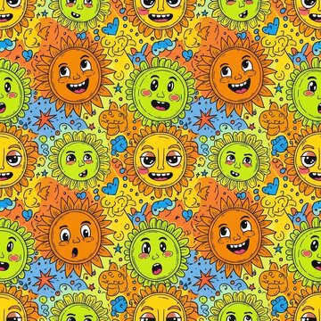 Whimsical Hand-Drawn Sun Faces Pattern: Joyful Yellows, Greens, & Oranges Bursting with Cheerful Energy