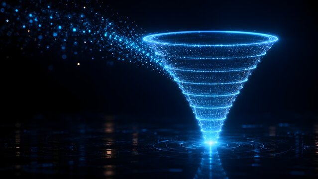 Futuristic glowing blue wireframe marketing funnel pulling in a stream of digital data particles
