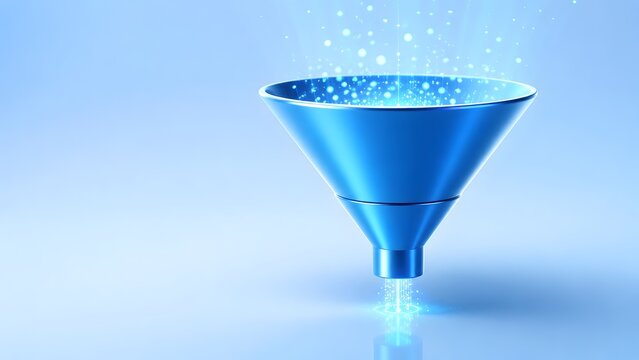 Clean modern 3d metallic blue marketing funnel processing floating glowing light spheres