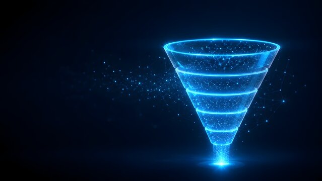 Glowing blue transparent marketing funnel filtering complex digital network connections into a single point