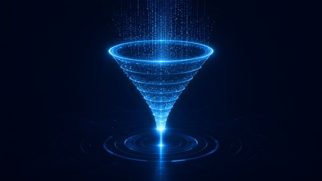 Glowing blue digital funnel composed of concentric rings filtering falling matrix code data