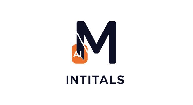 A modern graphic design featuring the letter M with a small orange square element