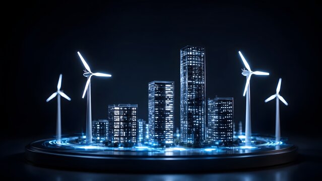3D Miniature Model of a Futuristic Smart City on a Circular Platform Powered by Wind Turbines with Glowing Blue Energy Lines