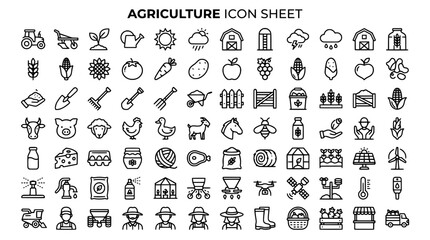 Obraz premium Aguricultre icon sheet: Hand Drawn Vector Icon Set with Doodle Web Business Social Media Music Food Mobile Phone Computer and Internet Symbols for Design Illustration