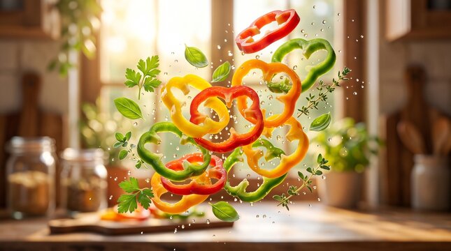 Colorful bell pepper rings suspended in air with water droplets and herbs