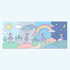 Obraz premium A journey through different weather conditions, from sunshine to rain, a rainbow, and finally nighttime, illustrating a progression of environmental changes