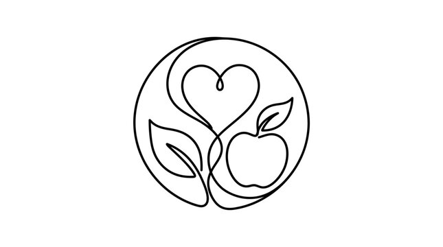 Minimalist continuous line art design featuring a heart and apple.