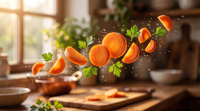 Fresh carrot slices and parsley levitating in a sunlit kitchen