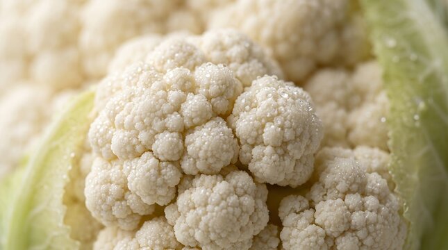 Close-up macro shot of a fresh cauliflower with water droplets on its florets