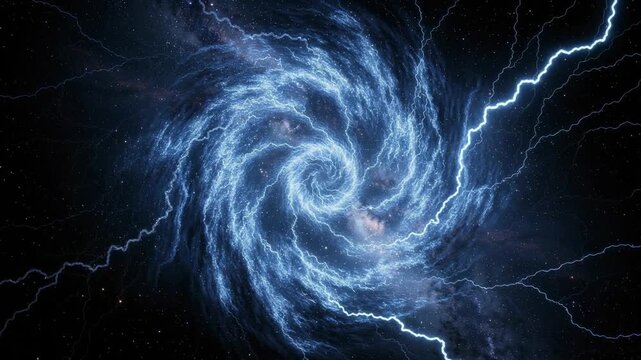 Electric blue lightning spiral in space with stars and cosmic energy swirl