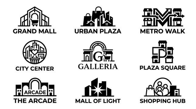 Black and white shopping center logos.
