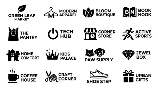 Black and white shop logos icons.