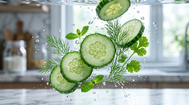 Fresh cucumber slices with mint and dill splashing into water