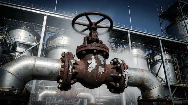 Industrial rusty valve on large metal pipes with steam in modern factory background