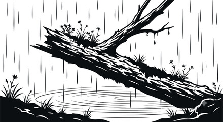 Fallen Log With Vegetation In Rain Black And White Vector Illustration © Nila