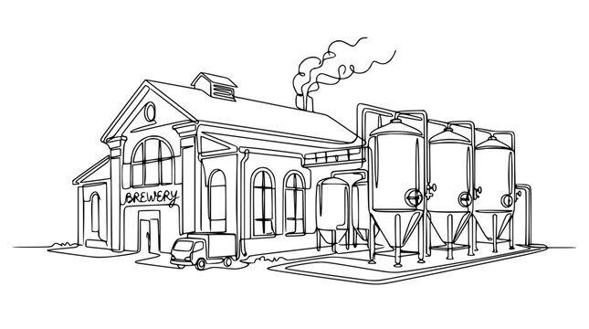 Brewery Building with Fermentation Tanks and Delivery Truck, Industrial Line Art