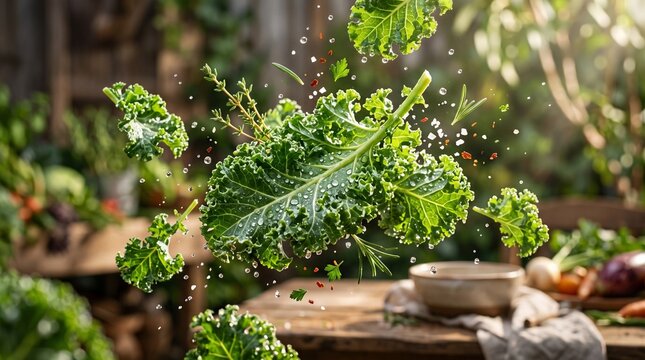 Fresh kale leaves with water droplets and herbs floating in mid-air