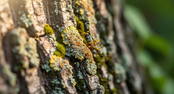 Close-up of Lichen and Moss Growing on Tree Bark