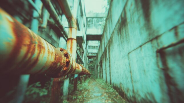 Rusty pipes line a narrow path in an abandoned industrial area during daylight hours
