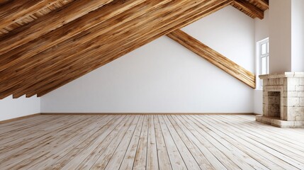 Obraz premium Empty Attic Room with Exposed Wooden Beams, White Walls, and Rustic Fireplace
