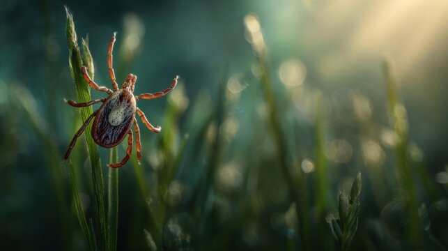 Close up of a tick on a blade of grass in the early morning sun
