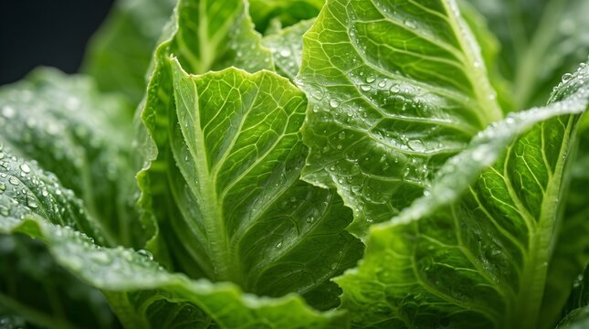 Close-up macro view of fresh green lettuce leaves with water droplets