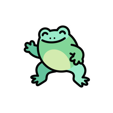 Cartoon green frog character smiling.