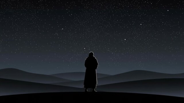 Silhouette of a person standing on hills under a starry night sky with peaceful and serene atmosphere