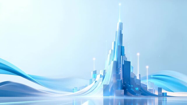 Abstract Digital Cityscape Concept Featuring Geometric Structures and Flowing Blue Light Waves Representing Futuristic Urban Connectivity